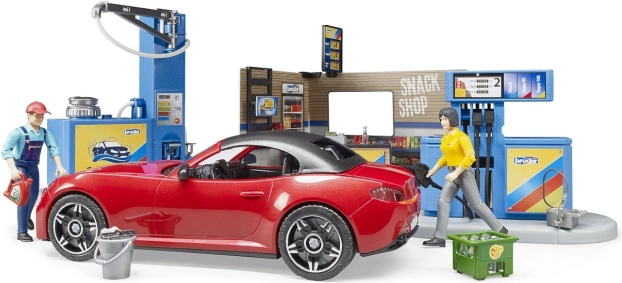 Bruder benzinska postaja sa sportskim automobilom i 2 figurice