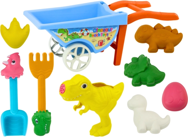 Set za pijesak s dinosaurima: tačke, lopatica, grabljice, zalijevača i 6 kalupa