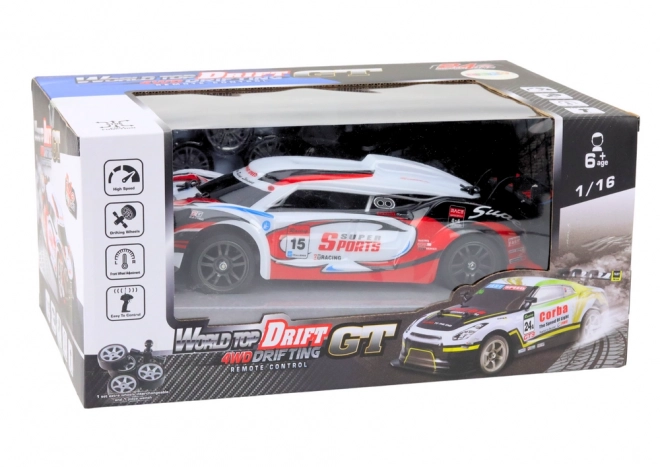 RC trkaći auto 1:16 Drift s izmjenjivim kotačima crveno-bijeli