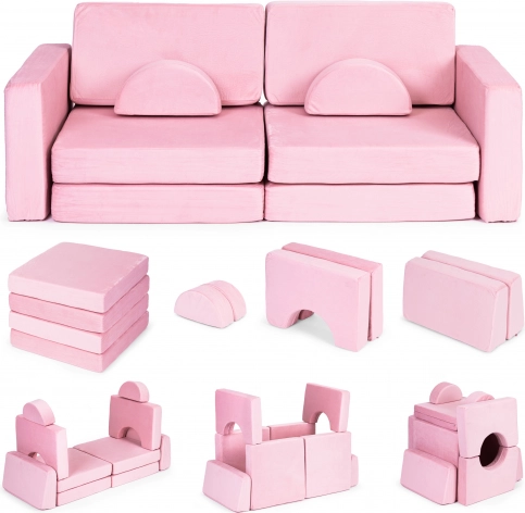 Velika dvosedna modularna sklopiva dječja sofa DIY s 10 mekih jastuka - ružičasta ECOTOYS