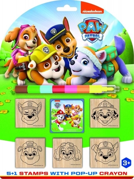 Pečati 5+1 s jastučićem drveni 5x5cm s voštanom bojicom Psići u ophodnji/Paw Patrol na kartonu