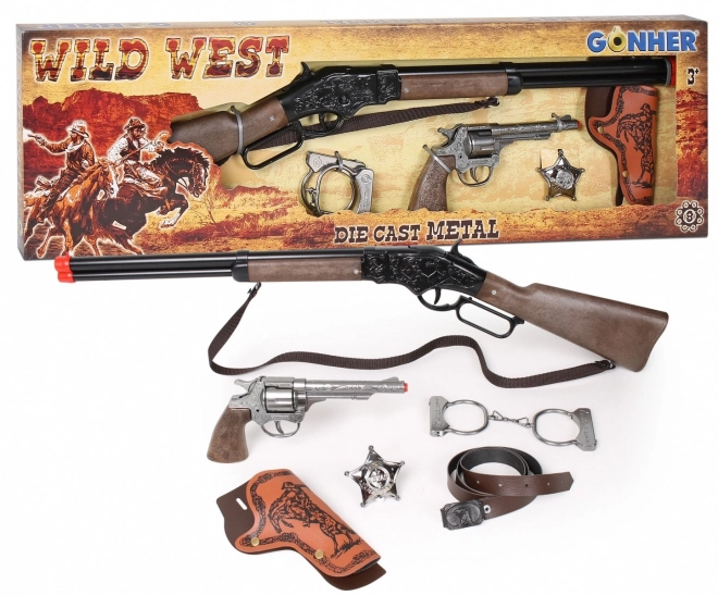 Veliki set kauboja - puška, revolver, lisičine, šerifova zvijezda