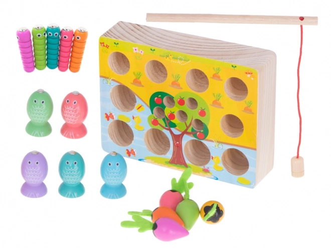 Drvena Montessori igra za lov ribe i berbu mrkvi i crva