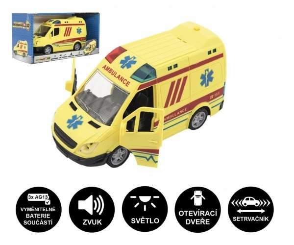 Auto hitna pomoc plast 20 cm na inerciju na baterije sa zvukom i svjetlom u kutiji 26x15x12 cm