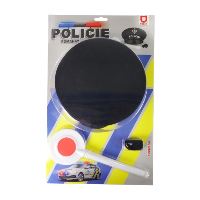 Set policijske opreme tkanina/plast kapa, stop palica, zviždaljka na kartici 30x48x8cm