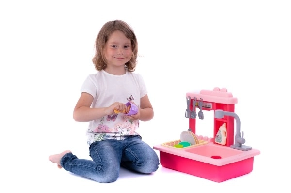Sudoper za pranje posuđa ružičasti + slavina za vodu na baterije plastika s dodacima u kutiji 46x28x12cm