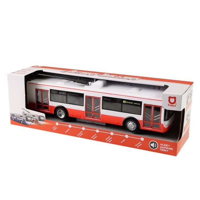 Trolejbus češki govoreći plastika 29cm crveni slobodan pogon na bat. sa svjetlom i zvukom u pak. 33x11x10cm