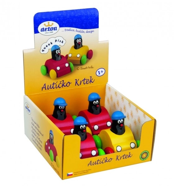 Cvrčeći krtica u autiću drvo 7 cm mogućnost 2 boje