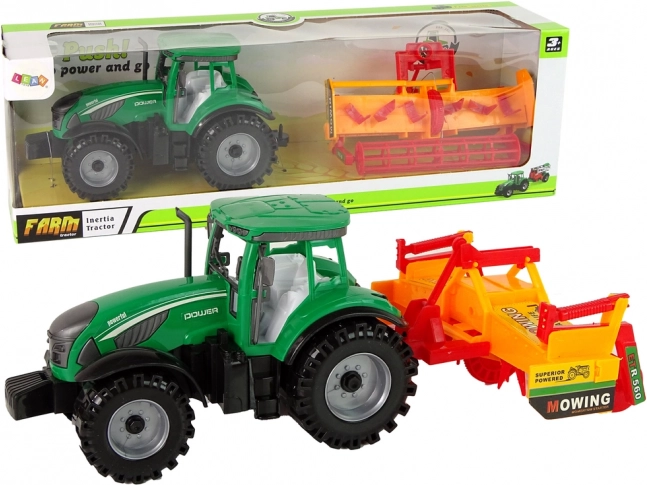 Zeleni traktor s narančastim kultivatorom – set s inercijskim pogonom za djecu