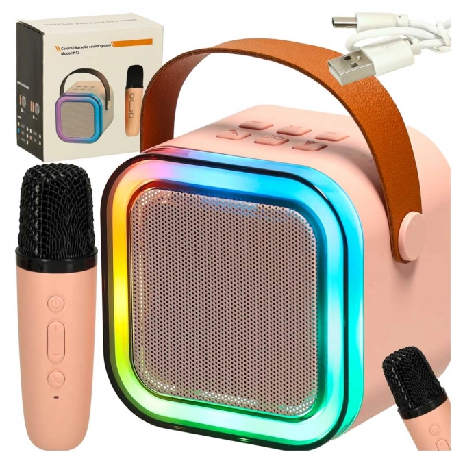 Karaoke set mikrofon + prijenosni zvučnik BLUETOOTH USB LED ružičasti