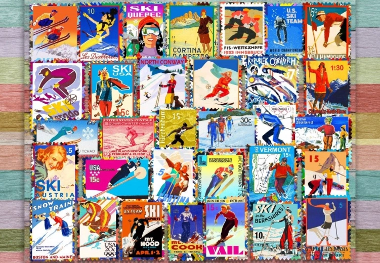 Puzzle Skijaške poštanske marke 1000 dijelova