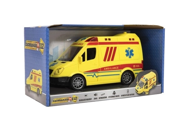 Auto hitna pomoc plast 20 cm na inerciju na baterije sa zvukom i svjetlom u kutiji 26x15x12 cm