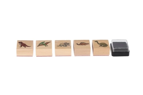 Drveni pečati 5+1 s jastučićem dinosauri 3x3cm na kartici