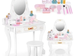 Large wooden kids’ vanity table with mirror for girls, pink accessories ECOTOYS