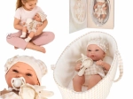Beige baby doll 38 cm with carrier, pacifier and plush bunny