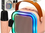 Karaoke set s bluetooth zvučnikom, 2 bežična mikrofona i LED pozadinskim osvjetljenjem 6 W – ružičasta