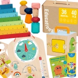 Tooky Toy montessori obrazovni box 6u1: kutija sa bravicama, balansirajuće kamenje, ploča za vrijeme, brojanje 1–10, bojanke i knjižica